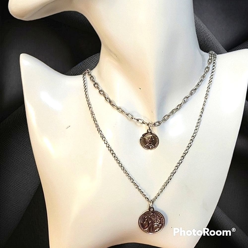 5/$25 Queen Elizabeth II & French Coin Layered Chain Necklace